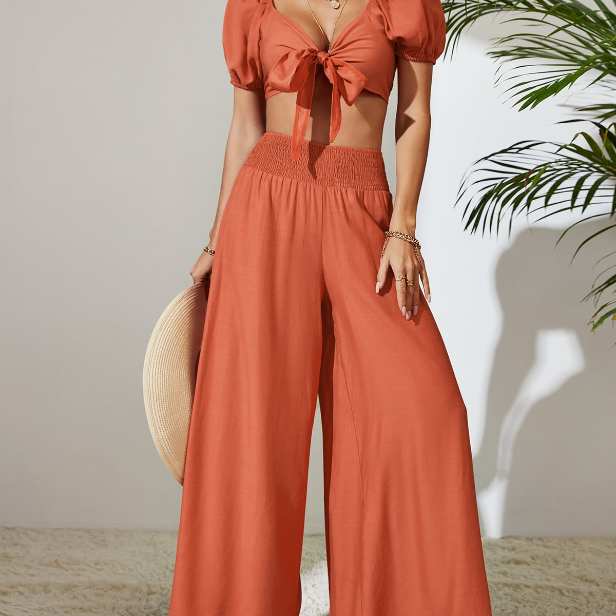 Tie Front Cropped Top and Smocked Wide Leg Pants Set