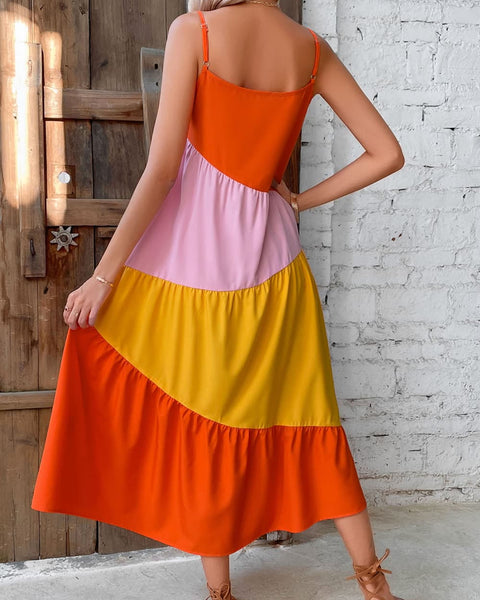 Color Block Spaghetti Strap Midi Dress