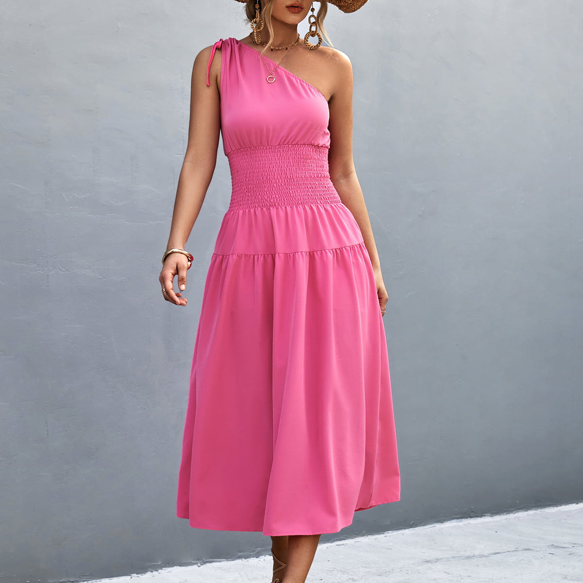 Asymmetrical One Shoulder Smocked Waist Midi Dress