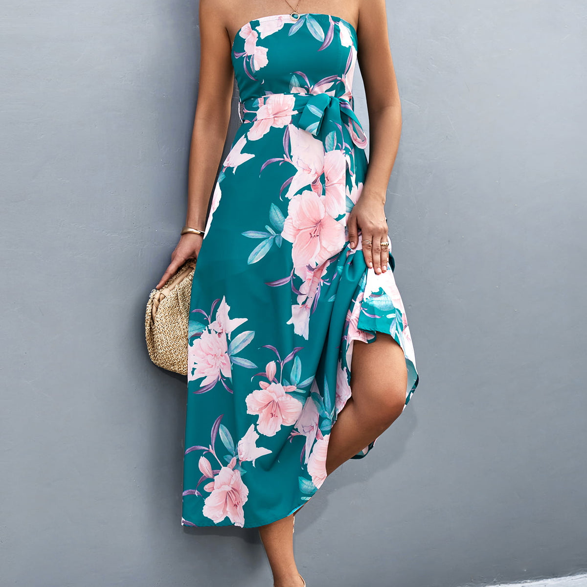 Floral Print Tie Waist Straight Neck Midi Dress