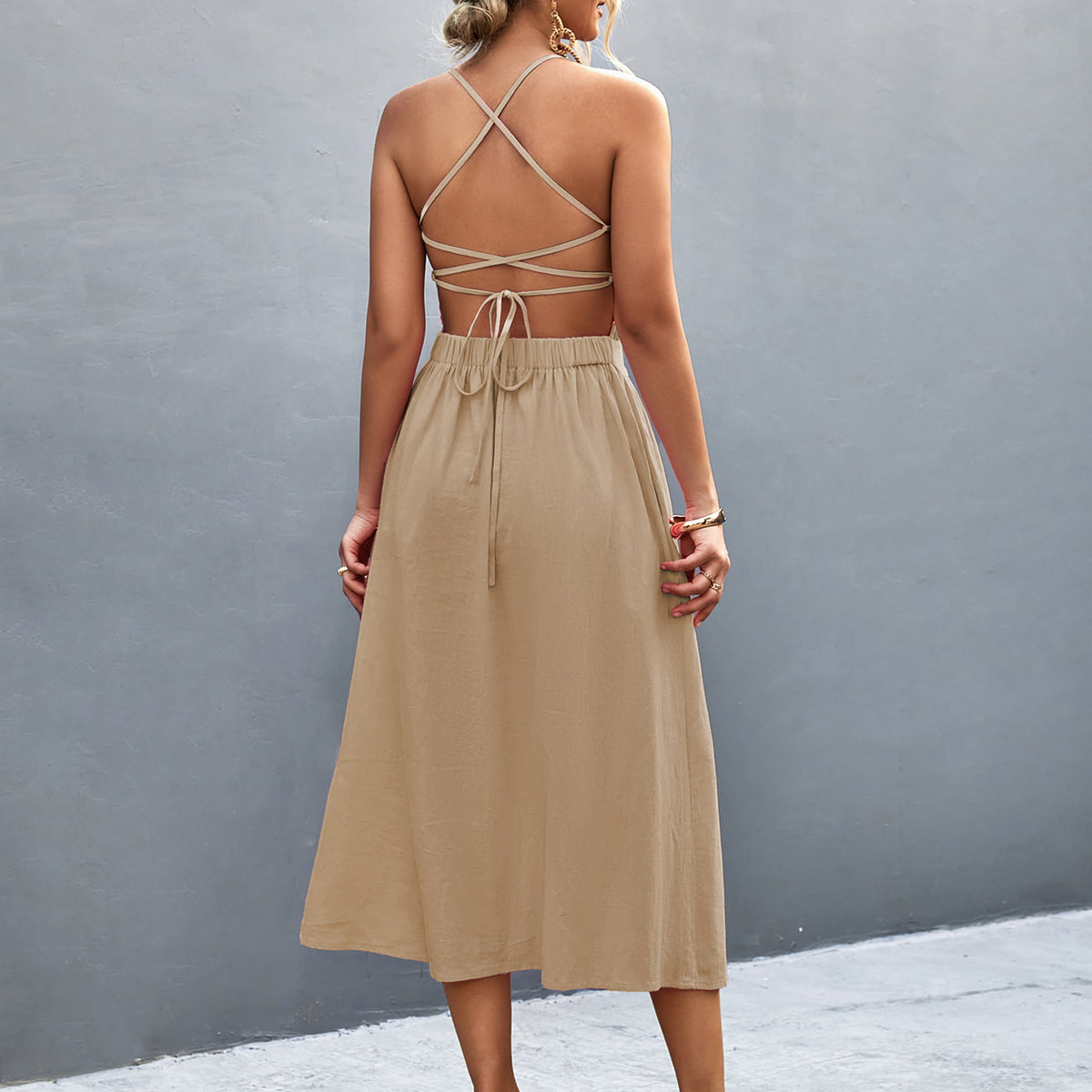 Buttoned Halter Neck Frill Trim Midi Dress