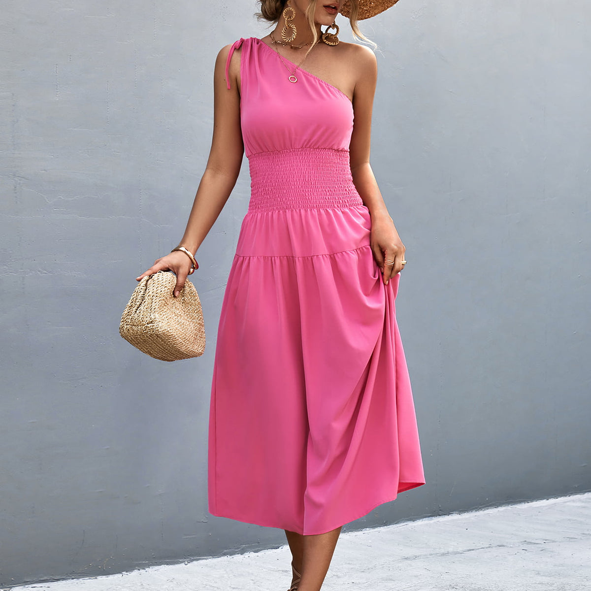 Asymmetrical One Shoulder Smocked Waist Midi Dress