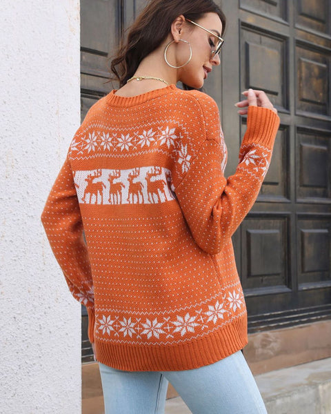 Reindeer & Snowflake Pattern Dropped Shoulder Pullover Sweater