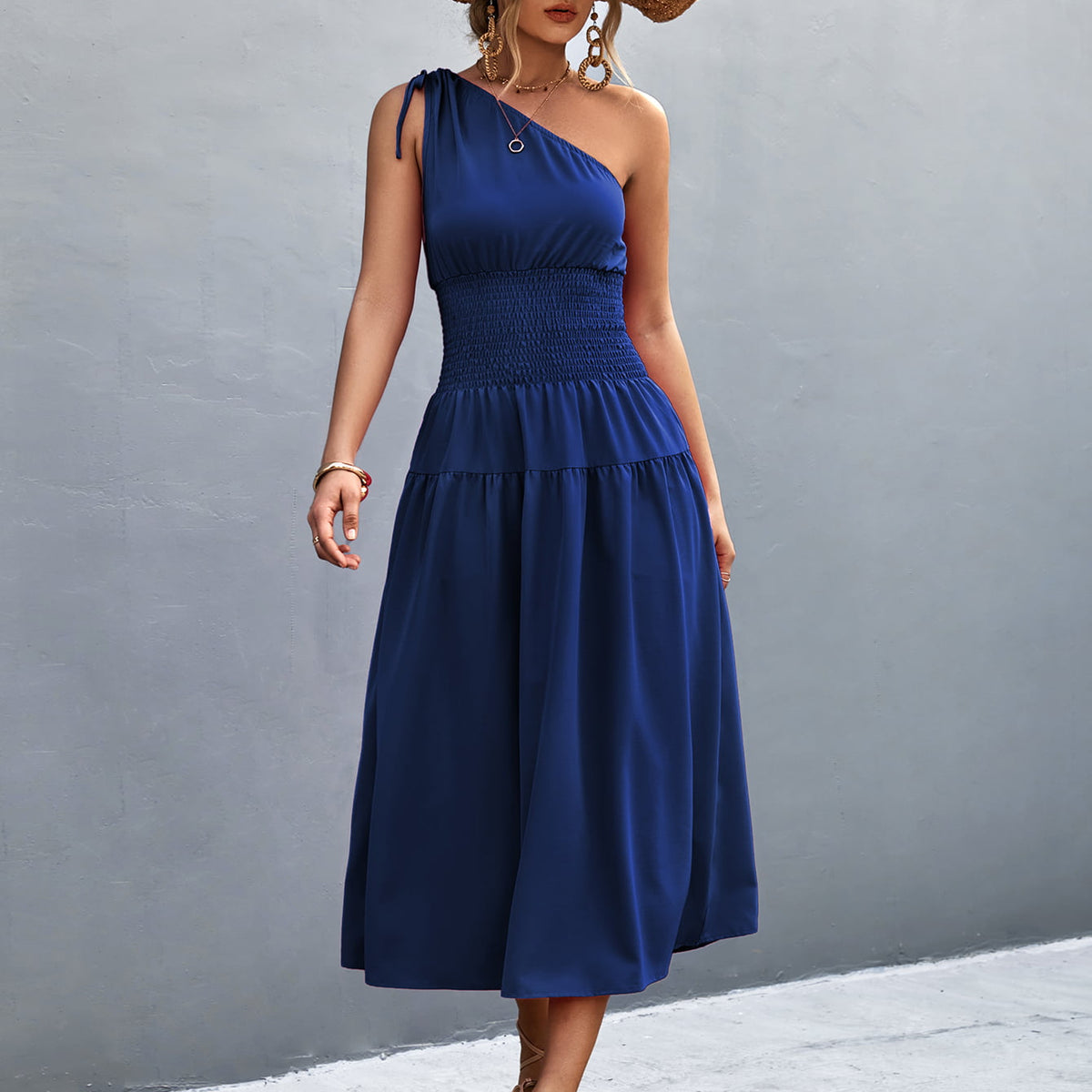 Asymmetrical One Shoulder Smocked Waist Midi Dress