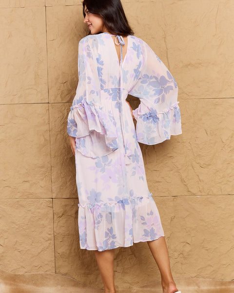 OneTheLand Take Me With You Floral Bell Sleeve Midi Dress in Blue