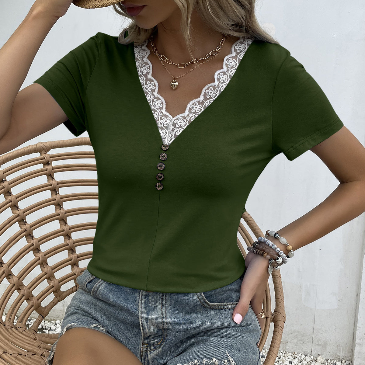 Lace Trim V-Neck Short Sleeve Blouse