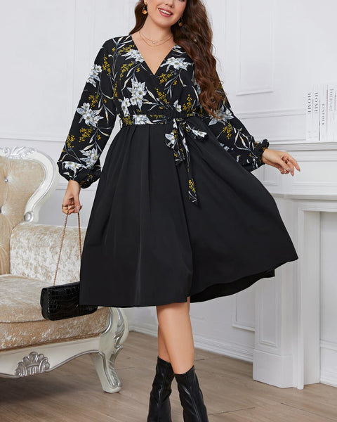 Melo Apparel Plus Size Floral Print Surplice Neck Tie Belt Midi Dress