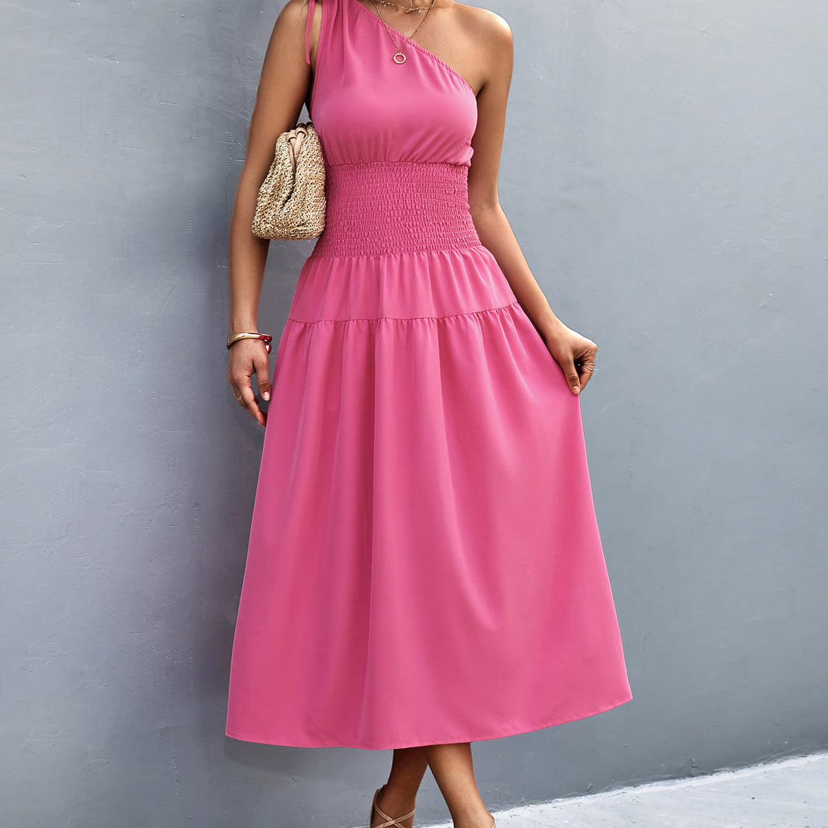 Asymmetrical One Shoulder Smocked Waist Midi Dress