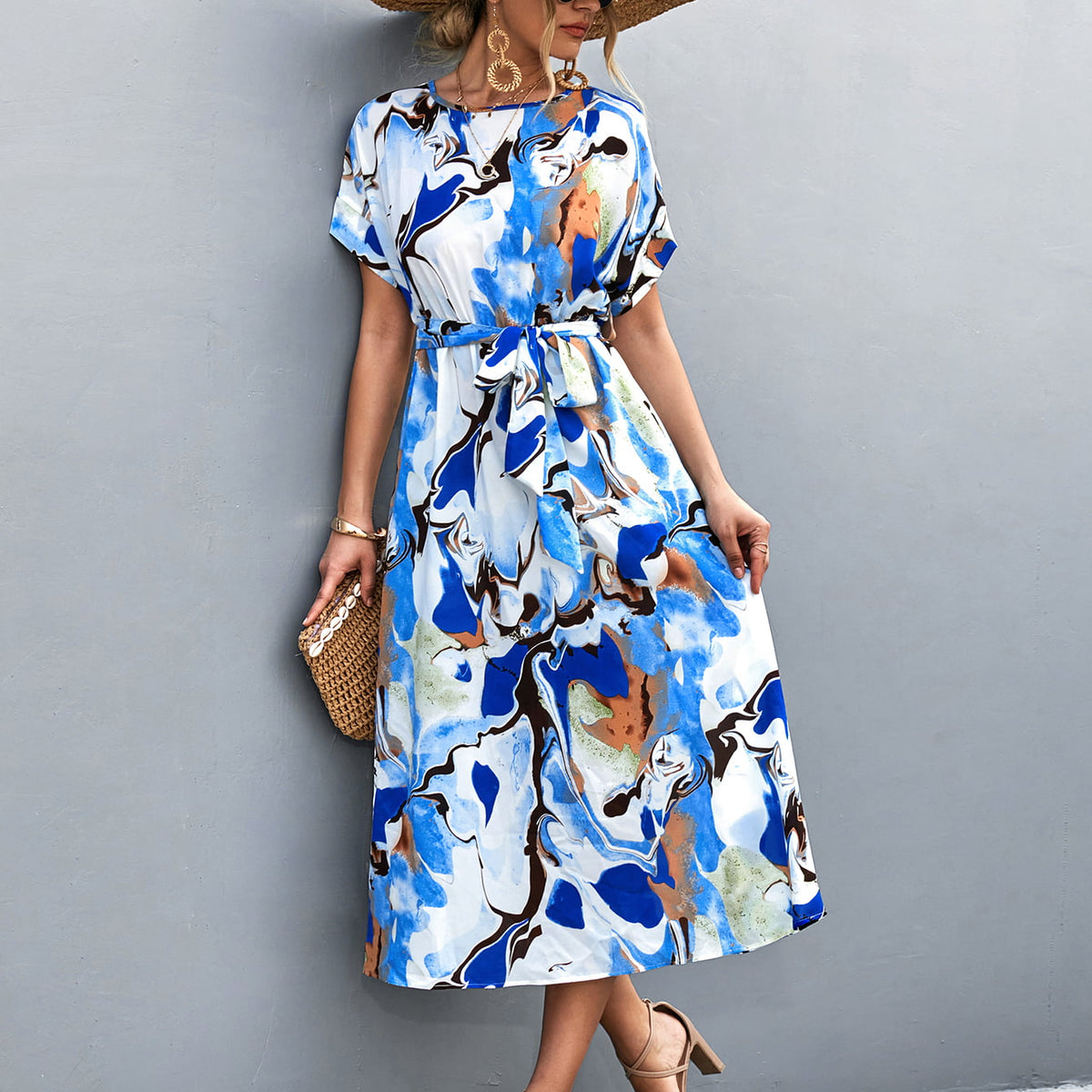 Round Neck Short Sleeve Tie Waist Midi Dress