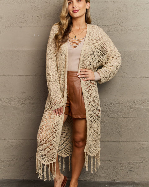 HEYSON Boho Chic Full Size Western Knit Fringe Cardigan