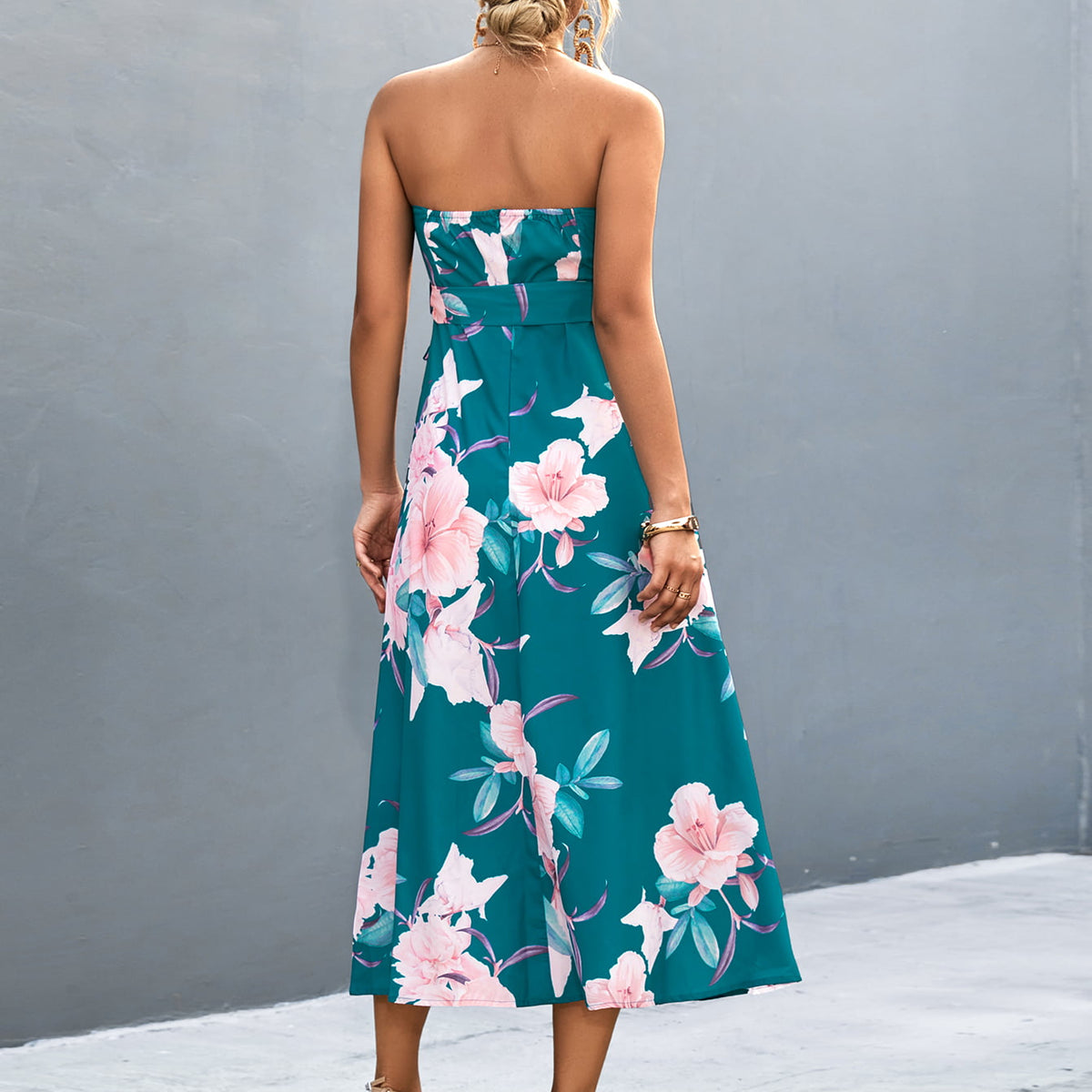 Floral Print Tie Waist Straight Neck Midi Dress