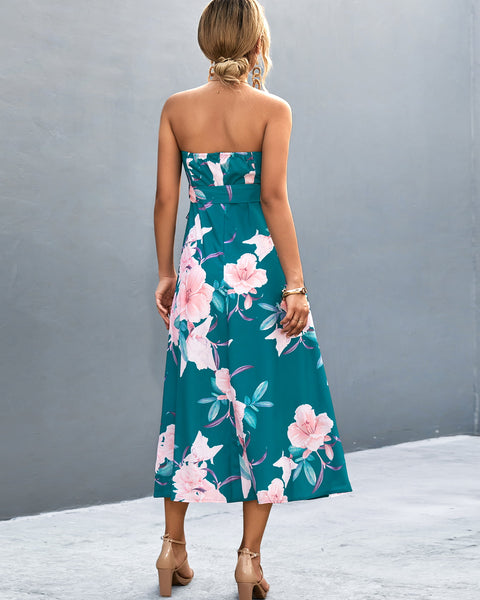 Floral Print Tie Waist Straight Neck Midi Dress