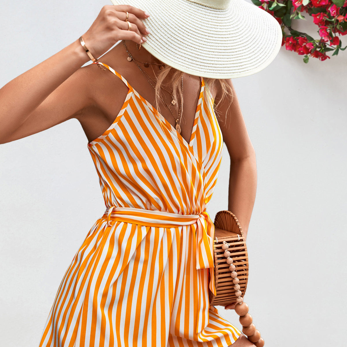 Striped Tie Waist Spaghetti Strap Romper