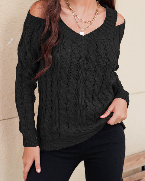 Cable-Knit Cold-Shoulder Long Sleeve Sweater